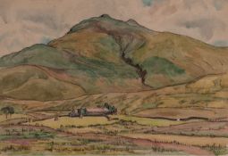 IAN GRANT (1904 - 1993) WATERCOLOUR DRAWING Landscape VI, farm & mountain Labelled verso 10in x 14