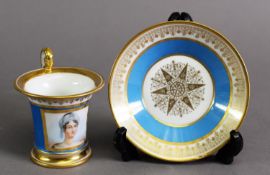 19TH CENTURY SEVRES BLEU CELESTE CONICAL COFFEE CAN & SAUCER, with hand painted portrait of a