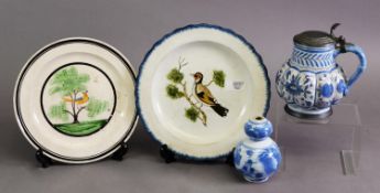 TWO FAIENCE ORNOTHOLOGICAL PLATES, plus a cut-down double gourd vase and lidded melon shaped