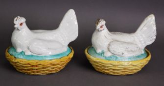 PAIR OF ‘HEN ON NEST’ MOULDED POTTERY TUREENS AND COVERS, typically modelled and painted in