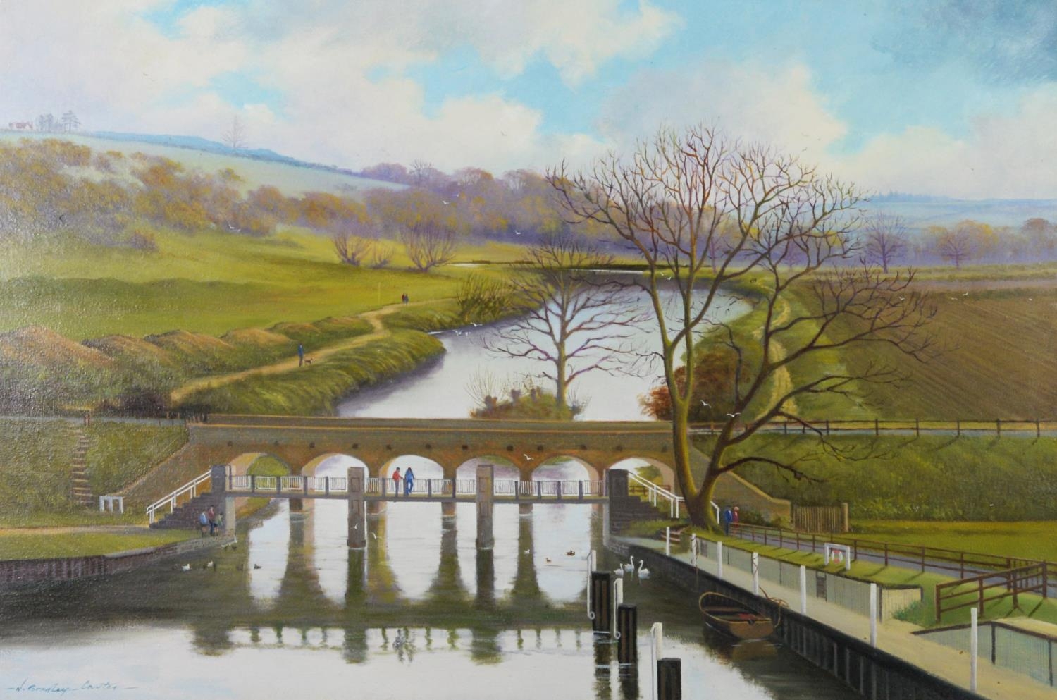 N.BRADLEY-CARTER TWENTIETH CENTURY) PAIR OF OIL PAINTINGS ON CANVAS Riverscapes, one with dis0ued - Image 4 of 4