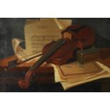 EASTERN EUROPEAN SCHOOL (Twentieth Century) OIL PAINTING ON CANVAS Still life of a violin and bow