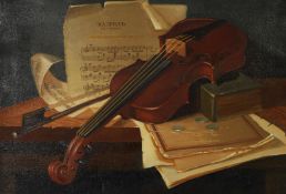 EASTERN EUROPEAN SCHOOL (Twentieth Century) OIL PAINTING ON CANVAS Still life of a violin and bow