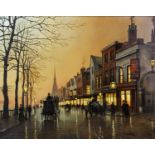 STEVEN SCHOLES (b.1952) OIL ON CANVAS Bygone street scene at dusk, with figures and hansom cabs