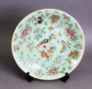 19TH CENTURY CELEDON GLAZE CANTON ENAMEL PLATE, decorated with flowers, insects and butterflies