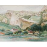 EDWARD RIDLEY WATERCOLOUR DRAWING Coast scene with estuary, village with bridge at the foot of