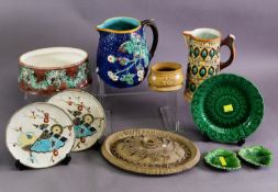 A GROUP OF 19TH CENTURY WEDGWOOD MAJOLICA, including a moulded 'What Though Thou Gates Be Poor' jug,
