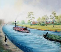 BERNARD McMULLEN (1952-2015) PASTEL DRAWING Canal scene with narrowboats and school boy with fishing