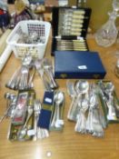 ELECTROPLATED CUTLERY, CASED SET OF SIX PAIRS OF FISH EATERS, SOUVENIR SPOONS, PRESERVE SPOON WITH