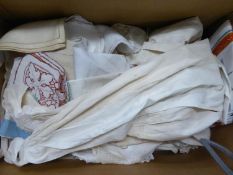 AN EARLY TWENTIETH CENTURY CHRISTENING GOWN AND A QUANTITY OF LACE TRIMMED, DAMASK ETC... (TABLE