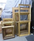 NINE VARIOUS SIZED PICTURE FRAMES, MAINLY EMBOSSED GILT FRAMES, TWO GLAZED AND A WOOD AND GLAZED