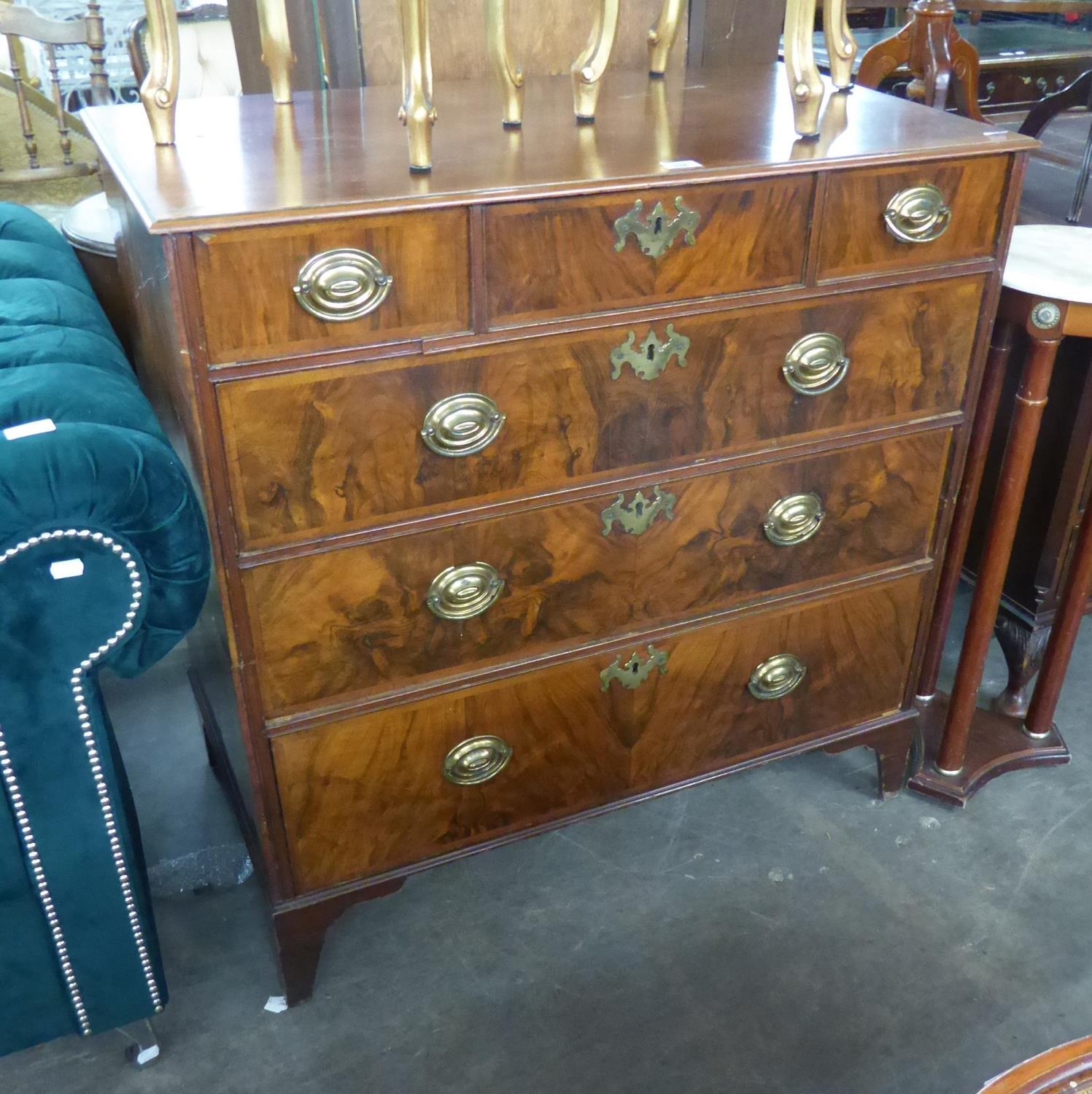 MODERN GEORGE III STYLE MAHOGANY CHEST OF THREE OVER THREE DRAWERS, ON SQUARE BRACKET FEET, 38 1/