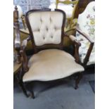 MODERN STAINED BEECH FAUTEUIL OPEN ARMCHAIR, WITH BEIGE VELOUR UPHOLSTERY