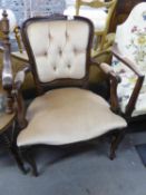 MODERN STAINED BEECH FAUTEUIL OPEN ARMCHAIR, WITH BEIGE VELOUR UPHOLSTERY