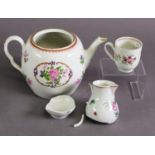 18TH CENTURY LIVERPOOL SOFT PAST PORCELAIN TEAPOT (lacking cover), milk jug and coffee cup by