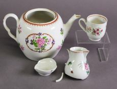 18TH CENTURY LIVERPOOL SOFT PAST PORCELAIN TEAPOT (lacking cover), milk jug and coffee cup by