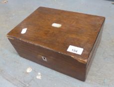 NINETEENTH CENTURY WORK BOX, WITH MOTHER O'PEARL TABLET, IN THE LID, 11" WIDE