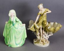 KATZHUTTE, ART DECO POTTERY FEMALE FIGURE, painted in green, and modelled wearing a bonnet and