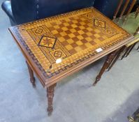 VICTORIAN PARQUETRY INLAID MAHOGANY GAMES TABLE, ON TURNED TAPERING LEGS TO BRASS BALL FEET, 29" (