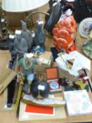 MIXED LOT OF MODERN ORIENTAL WARES, GEISHA COSTUME DOLL, FOUR CHINESE WARRIOR TOMB FIGURES, TWO