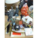 MIXED LOT OF MODERN ORIENTAL WARES, GEISHA COSTUME DOLL, FOUR CHINESE WARRIOR TOMB FIGURES, TWO