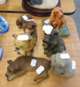 FIVE RESIN MODELS OF DOGS AND A RECONSTITUTED STONE MODEL OF A SEATED BULLDOG, (6)