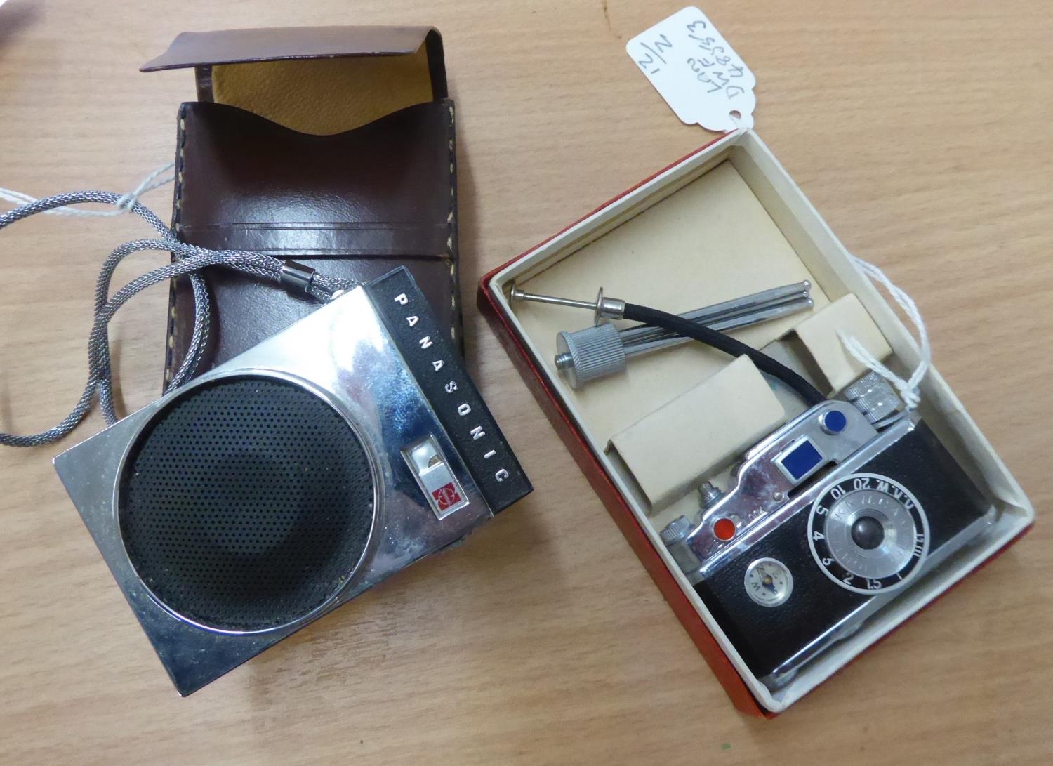 Panasonic model R-111 pocket transistor radio, in leather case and Photo Flash miniature camera