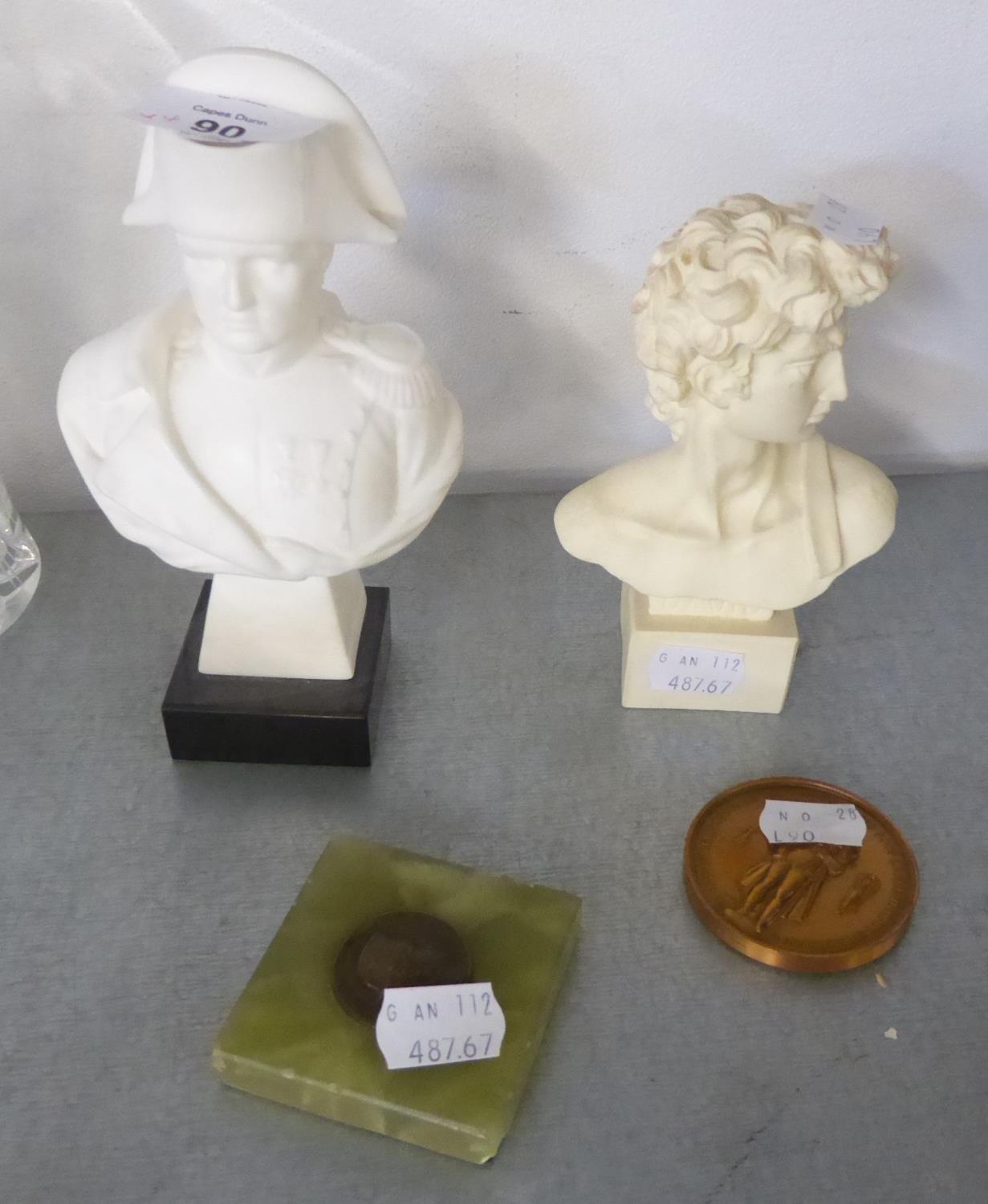 A WHITE COMPOSITION BUST OF NAPOLEON AND ANOTHER OF 'DAVID', A BRONZE MEDALLION FOR NAPOLEON,