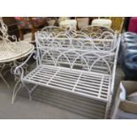 A WROUGHT AND TUBULAR STEEL FOLDING GARDEN BENCH, IN PALE GREY FINISH, 44 3/4" (113.5cm) WIDE