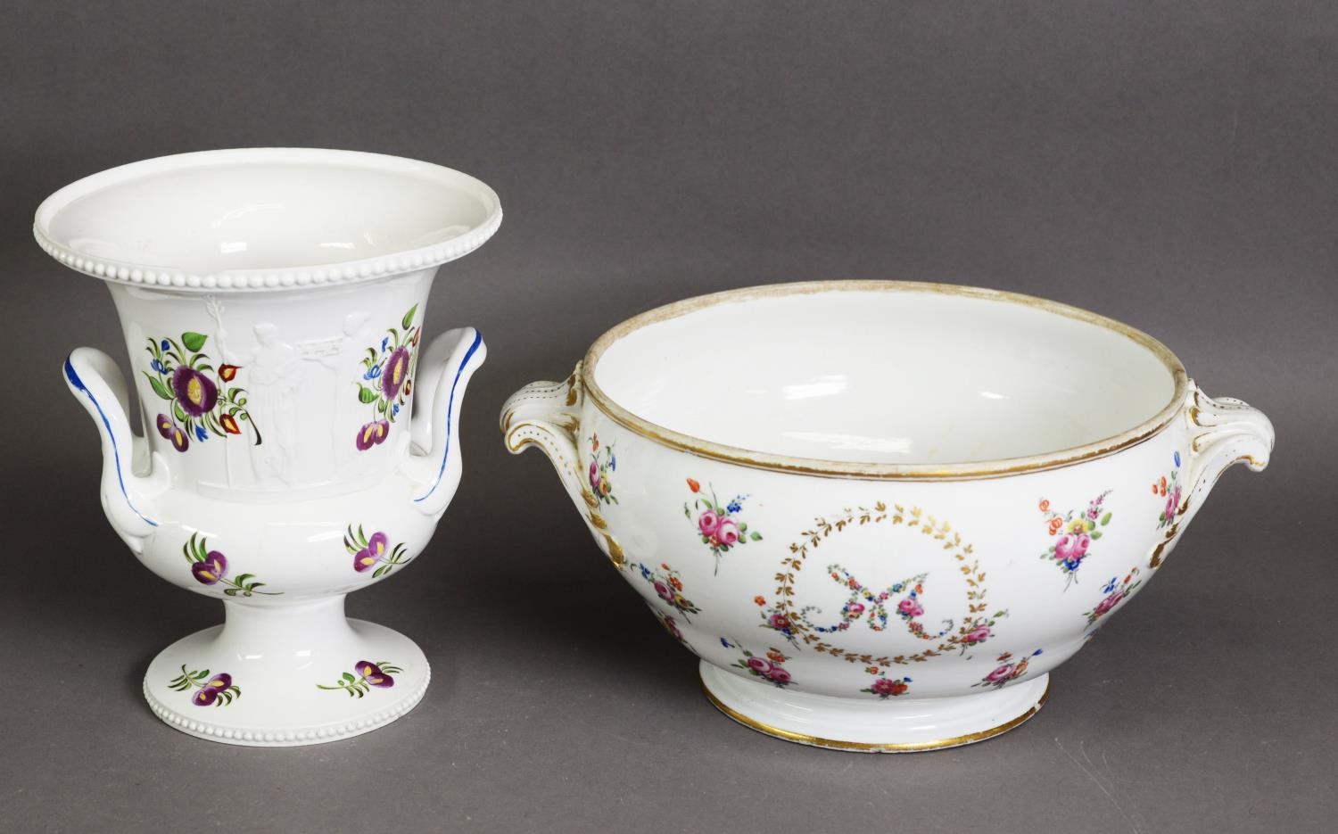 NINETEENTH CENTURY CONTINENTAL PORCELAIN LARGE TWO HANDLED TUREEN, of circular, footed form with