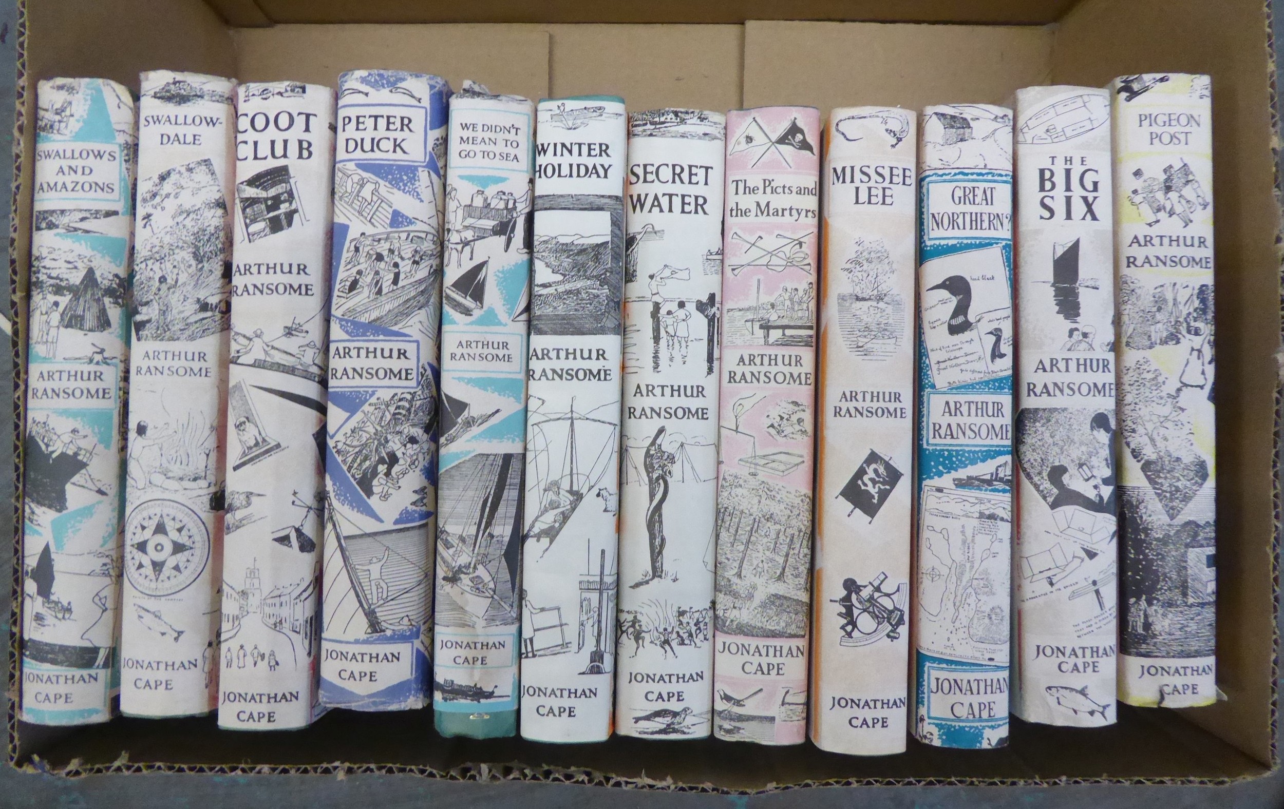 12 BOOKS BY ARTHUR RANSOME, TO INCLUDE; 'SWALLOWS AND AMAZONS, 'SWALLOW DALE', 'COOT CLUB', ETC....