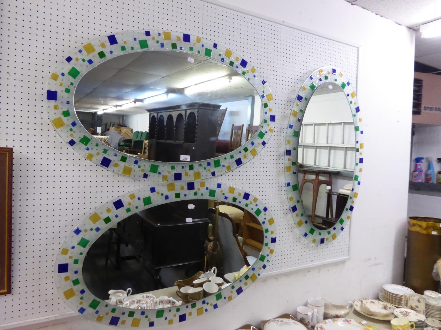 THREE STYLISH OVAL MIRRORS WITH COLOURED TILED GLASS DECORATED BORDERS  (3)