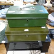 TWO GREEN METAL DEED BOXES, 10" AND 11" WIDE, A HEAVY BLACK METAL DEED BOX, 13 1/2" (3)