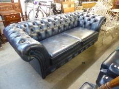 MODERN BLUE LEATHER TWO SEATER CHESTERFIELD SOFA, ON TURNED TAPERING REEDED LEGS, 88 1/2" (225cm)