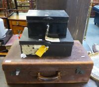 AN OLD BROWN LEATHER SUITCASE, A LARGE METAL DEED BOX (WITH KEY) AND A SMALLER DEED BOX AND KEY (3)