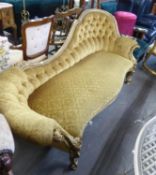 LARGE GOLD COLOURED VICTORIAN STYLE CHAISE LONGUE, ON CABRIOLE LEGS, 6' (183cm) WIDE