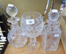 THREE PIECES OF GLASS WARE WITH PRESENTATION INSCRIPTIONS, ‘GEORGIAN CRYSTAL’ SQUARE DECANTER AND