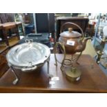 SOUTTERWARE ARTS AND CRAFTS COPPER SPIRIT KETTLE ON BRASS STAND, with associated spirit burner,