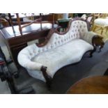 MODERN REPRODUCTION VICTORIAN STYLE MAHOGANY SERPENTINE CHAISE LONGUE, WITH CARVED FRUIT DECORATION,