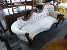 MODERN REPRODUCTION VICTORIAN STYLE MAHOGANY SERPENTINE CHAISE LONGUE, WITH CARVED FRUIT DECORATION,