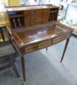 MODERN MAHOGANY BONHEUR DU JOUR , WITH ELEVATED STATIONARY SECTION AND TWO DRAWER TOP ON FLUTED