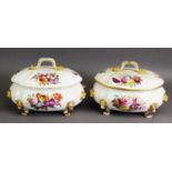 PAIR OF 19TH CENTURY DERBY PORCELAIN LARGE OVAL TUREENS, with polychrome floral bouquets and
