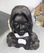 HAWAIIAN CARVED BLACK CORAL FEMALE BUST 'LEHUA' SIGNED FRANK SCHIRMAN (DESIGNER)