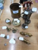 A SMALL SELECTION OF BRASS-WARES TO INCLUDE; TWO SMALL SCOTTY DOGS, SMALL CANDLESTICKS ETC...
