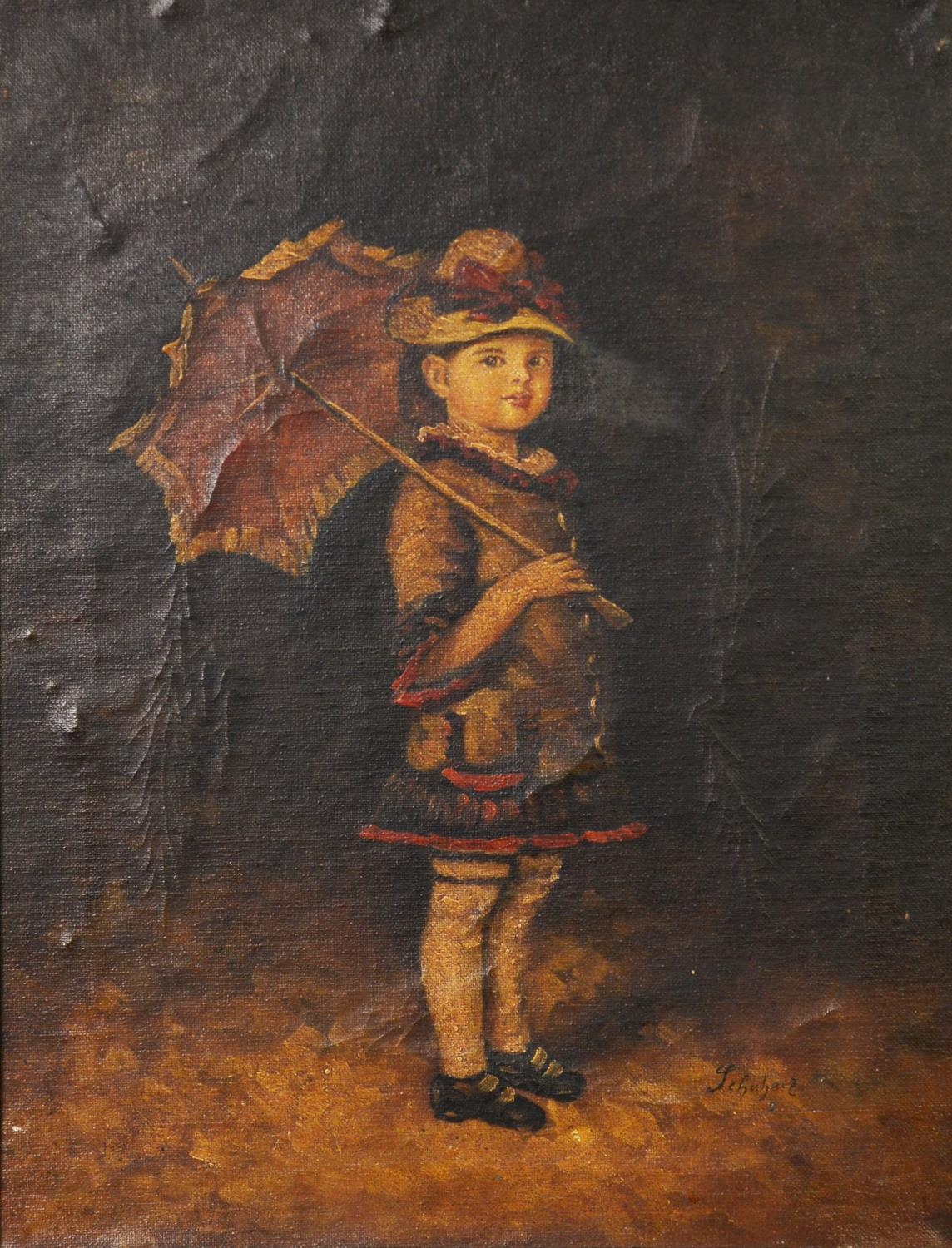 SCHUBERT (Twentieth Century) OIL PAINTING ON CANVAS Little girl with parasol Bearing signature lower