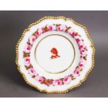 FLIGHT BARR & BARR SERPENTINE ARMOURIAL SOUP PLATE, with gilt gadrooned edge and wreath of pink