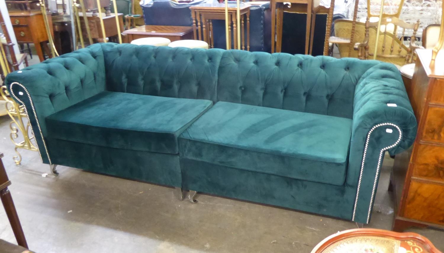 A LARGE MODERN TEAL GREEN VELOUR TWO SECTION CHESTERFIELD SOFA, ON CHROME CABRIOLE LEGS, 8' (