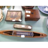 A SMALL MAHOGANY CASED CYLINDRICAL MUSICAL BOX, 4 ¾” WIDE; SET OF DRAUGHTS PIECES, IN VINTAGE