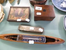 A SMALL MAHOGANY CASED CYLINDRICAL MUSICAL BOX, 4 ¾” WIDE; SET OF DRAUGHTS PIECES, IN VINTAGE