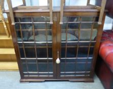 A MAHOGANY PANEL GLAZED TWO DOOR BOOKCASE, (113cm wide x 32cm deep x 108cm high)